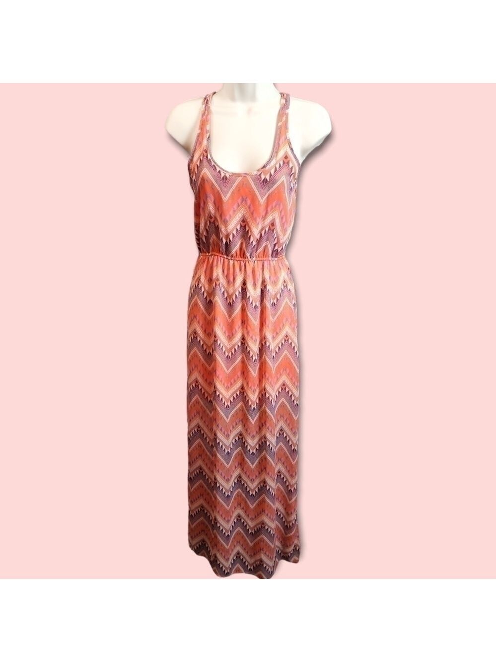 Boho Aztec Print Flowy Lightweight Cinched Waist Racerback Tank Maxi Dress Small